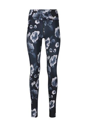Leggings de sport floraux en bleu marine, avec des motifs floraux abstraits noirs et blancs, taille haute et tissu extensible et lisse.