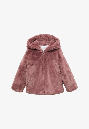 Chaqueta de piel sintética en color rosa polvo con capucha, cierre frontal de cremallera y mangas largas. Textura suave sin patrones o acentos visibles.