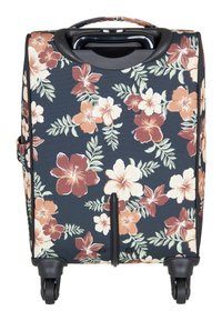 Valise à roulettes noire avec un motif floral en crème, orange et vert, dotée d'une poignée rétractable et de roues lisses pour une meilleure mobilité.