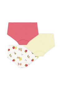 Τρία ζευγάρια βαμβακερά γυναικεία εσώρουχα: ένα κοραλί, ένα απαλό κίτρινο και ένα κρεμ με μοτίβο φρούτων σε ροζ, πράσινο και μοβ.