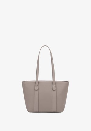 Grijze synthetische tote bag met twee lange handvatten, gestructureerd lichaam, textuur oppervlak en subtiele branding aan de voorkant.