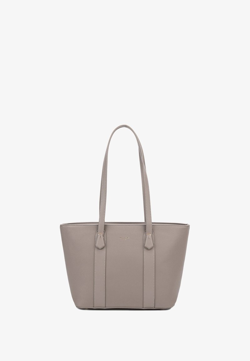 Borsa a tracolla sintetica grigia con due manici lunghi, corpo strutturato, superficie testurizzata e un discreto branding sulla parte anteriore.