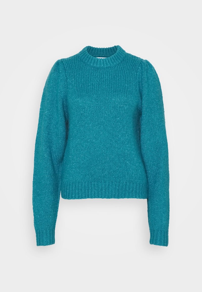 Turkos stickad tröja med en ribbad hög hals, lång ärm och kort längd. Mjuk textur och en något puffad axeldesign.