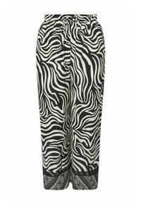 Zwart en crèmekleurige zebra-patroon broek met een elastische tailleband, plooien en een decoratieve zwart geometrische zoom.