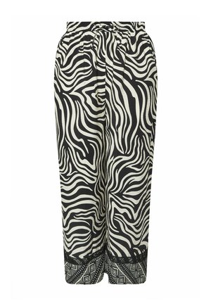 Pantalones de rayas zigzagueantes en negro y crema con cintura elástica, pinzas y un dobladillo geométrico negro decorativo.