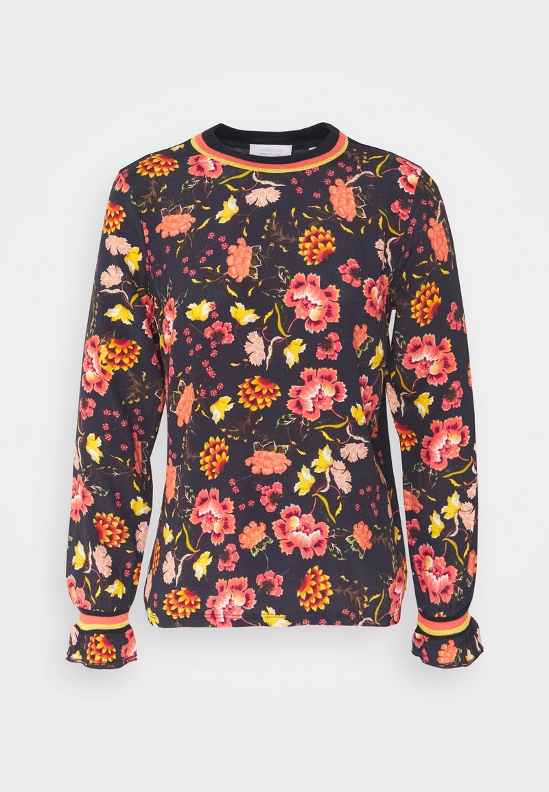 Hoodie mit floralem Muster, langen Ärmeln, schwarzem Hintergrund und Farben wie Pink, Orange und Gelb. Mit geripptem Kragen und Bündchen.