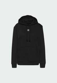 Svart hooded sweatshirt i mjukt material, med en framficka, dragsko i huvan och en liten vit logotyp i mitten.
