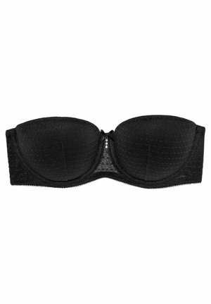 Zwarte strapless bh met gestructureerde stof, gevormde foamcups, kanten rand en een kleine decoratieve versiering aan de voorkant in het midden.