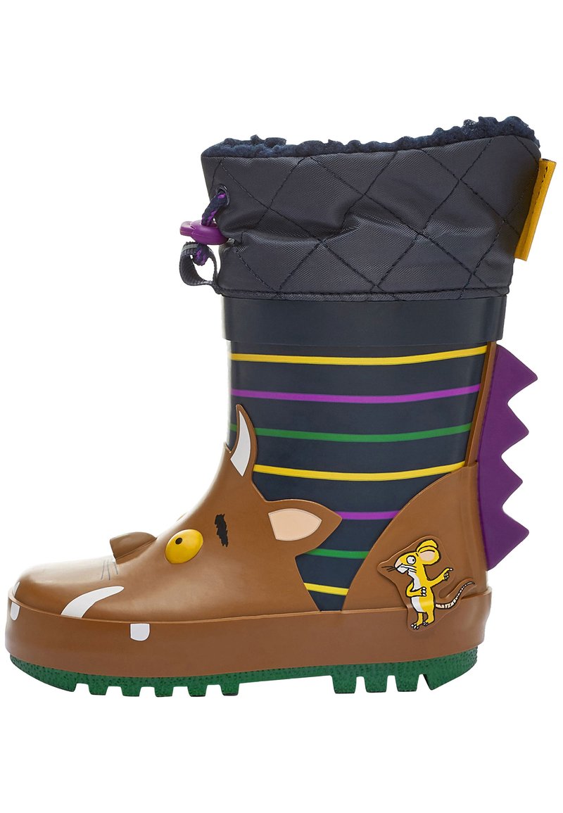 Botte de pluie en caoutchouc pour enfant, marron avec un visage de personnage de dessin animé, des rayures violettes et jaunes, et un dessus noir texturé avec un accent violet.