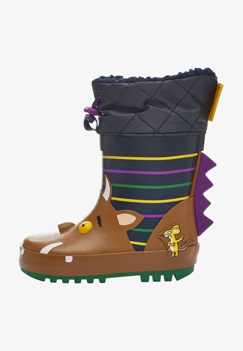 Rubberen regenlaars voor kinderen, bruin met een cartoon dierengezicht, paarse en gele strepen, en een gestructureerde zwarte bovenkant met een paarse accent.