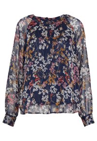 Blommig blus i marinblått genomskinligt tyg, med långa ärmar och en lös passform. Har ett färgglatt blommönster i vitt, rosa och guld.