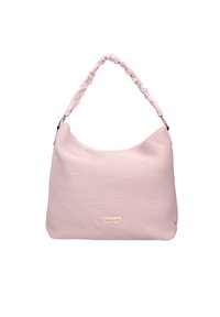 Zachte roze hobo tas van textuurmateriaal, met een gedraaide schouderriem en een klein merklabel aan de voorkant.