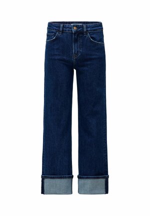 Jean en denim bleu foncé avec une taille haute et une coupe à jambes larges. Il présente des revers retroussés en denim plus clair et une coupe classique à cinq poches.