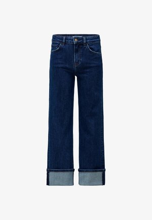 Jeans de mezclilla azul oscuro con cintura alta y diseño de pierna ancha. Presentan puños enrollados en mezclilla más clara y el estilo tradicional de cinco bolsillos.