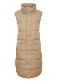 Beige puffer-vest met een hoge kraag, drukknoopsluiting en twee zakken aan de voorkant. Gewatteerd ontwerp met een gladde textuur; zonder mouwen.