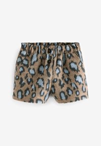 Shorts marron doux et duveteux avec imprimé léopard bleu et noir, taille élastique et deux boutons noirs à l'avant.