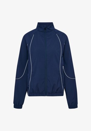 Granatowa kurtka z kołnierzem stójkowym, zamkiem z przodu, elastycznymi mankietami i szarym wykończeniem wzdłuż szwów. Wykonana z gładkiego, lekkiego materiału.