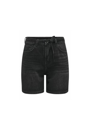 Black denim shorts with a relaxed fit, featuring a front tie closure, classic five-pocket design, and subtle fading along the fabric.