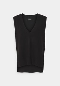 Haut noir sans manches avec un décolleté en V, fabriqué en tissu doux. Il présente une coupe décontractée et un ourlet arrondi avec un dos légèrement plus long.