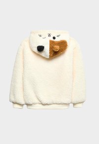 Futrzany kremowy sweatshirt z kapturem z figlarnym wzorem zwierzęcej twarzy na kapturze, z brązowymi i czarnymi akcentami oraz teksturowanym wykończeniem.