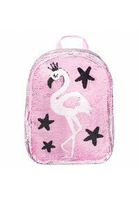 Zaino rosa con paillettes, decorato con un design di fenicottero bianco e accenti neri a forma di stella. Presenta una chiusura con zip e una maniglia di trasporto superiore.