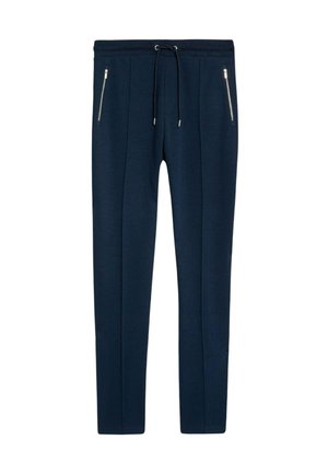 Pantalones de chándal azul marino hechos de una tela suave, con cintura ajustable por cordón, dos bolsillos con cremallera y un diseño de pierna acampanada.