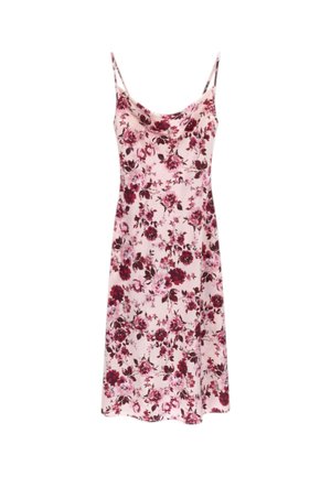 Abito midi rosa senza maniche con spalline sottili e motivo floreale rosso e rosa scuro su tutta la superficie.