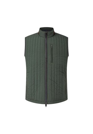 Gilet sans manches matelassé en vert profond avec un col montant, fermeture éclair à l'avant et une poche poitrine. Motif texturé pour plus de chaleur.