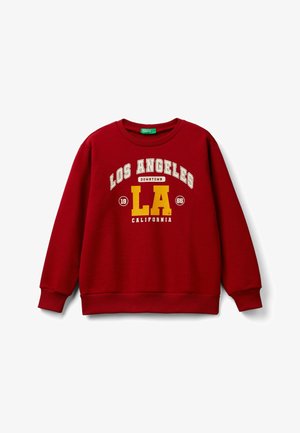 Sweat-shirt rouge avec texte jaune et blanc indiquant "Los Angeles Downtown 1965 LA California", avec poignets et ourlet côtelés.