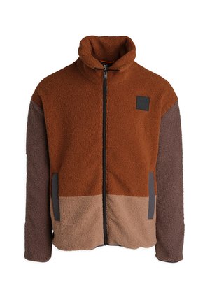 Fleecejack met hoge kraag, ritssluiting en een colorblock ontwerp in bruin, tan en donkerbruin met een textuurstof.