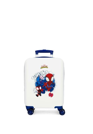 Maleta rígida blanca con asa y ruedas azules, con personajes de dibujos animados de Spider-Man y el texto "¡UNIDOS!" en la parte frontal.