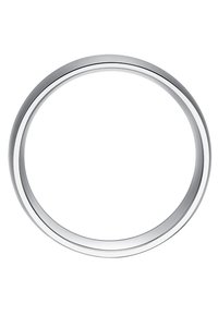 Inel circular metalic argintiu cu suprafețe netede și un finisaj reflectant pe un fundal alb.
