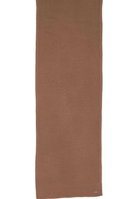 Écharpe en tricot marron avec un motif texturé, de forme rectangulaire, et une petite étiquette de marque dans un coin.