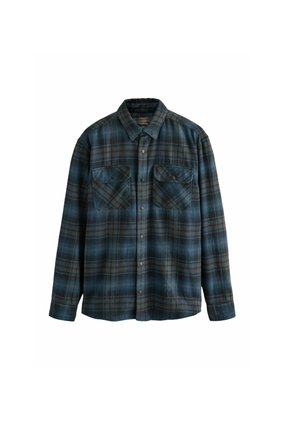 Flannel shirt with blue and black plaid pattern, button-up front, two chest pockets, long sleeves, and a fold-down collar.