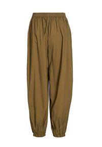 Letvægts, olivengrønne bukser med elastisk talje, tilspidsede manchetter og en glat tekstur. Designet for komfort og bevægelsesfrihed.