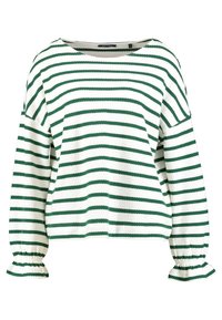 Valkoinen pitkähiha sweater, jossa on tummanvihreät vaakasuorat raidat, leveä pyöreä pääntie ja rypytetyt volangihihat.