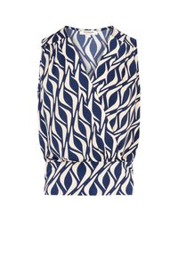 Blusa sin mangas con patrón abstracto de hojas en azul marino y blanco, estilo cruzado con escote en V y cintura fruncida.