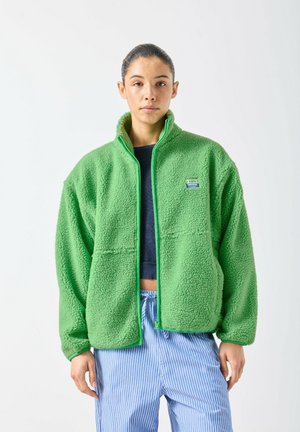 Junge Person mit zurückgebundenem Haar trägt eine leuchtend grüne Fleecejacke über einem schwarzen Top und blau gestreiften Hosen, steht vor einem schlichten weißen Hintergrund.