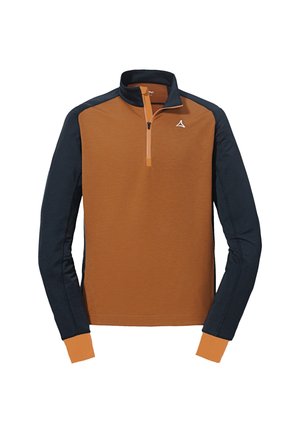 Langärmliger Pullover mit Halbzipp in orange-rot vorne, schwarzen Ärmeln und einem kleinen weißen Logo auf der Brust.