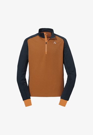Langärmliger Pullover mit Halbzipp in orange-rot vorne, schwarzen Ärmeln und einem kleinen weißen Logo auf der Brust.