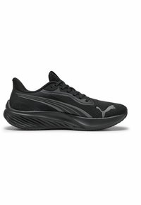 Zapatillas deportivas negras con parte superior de malla y diseño texturizado. Cuentan con una amortiguación ligera, una suela curvada y acentos reflectantes.