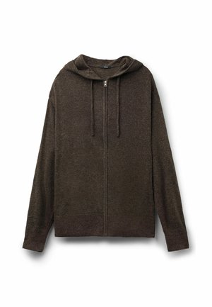 Brown zip-up hoodie with a drawstring hood, long sleeves, and a textured fabric. Features a front zipper and ribbed cuffs and hem.