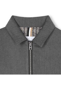 Grå herringbone zip-up jacka med en strukturerad krage. Insidan har ett mönstrat foder i svart, beige och vita ränder. Silverdragkedja.