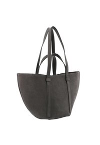 Graue Wildleder-Tote-Tasche mit zwei langen Trägern, runder Form und sauberem Design. Verfügt über minimale Nähte und eine weiche Textur.