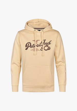 Béžová mikina s kapucí vyrobená z jemného materiálu, s přední kapsou, stahovací kapucí a tmavě hnědým potiskem loga na hrudi.