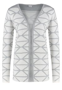 Textured white cardigan with a geometric gray pattern, v-neck, open front, and long sleeves. Lightweight knit material.