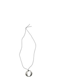 Silver pendant necklace with a textured, irregular oval shape on a thin black cord. Features adjustable lengths for a custom fit.