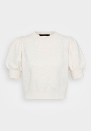 Kortermet genser i myk kremfarget strikk, med puffede ermer, rund hals og avslappet passform. Strukturert stoff med subtilt mønster.