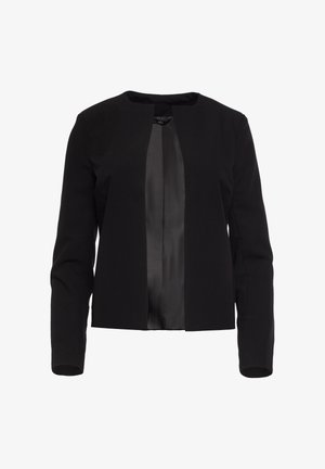 Czarny żakiet damski o dopasowanym kroju, otwarty z przodu, z długimi rękawami i okrągłym dekoltem, z gładką podszewką.