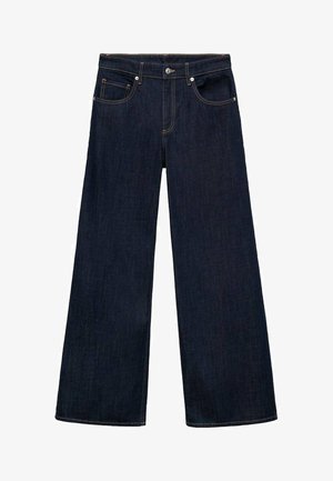Dunkelblaue Denim-Jeans im weiten Schnitt mit hoher Taille, mit fünf Taschen, Metallknopfverschluss und sichtbaren Nähakzenten.